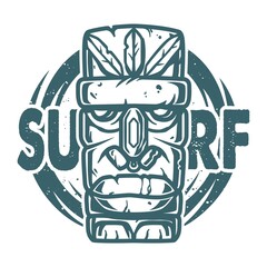 Naklejka premium Surfing print of stone tiki mask, face idol. Vector illustration hawaii summer t-shirt design