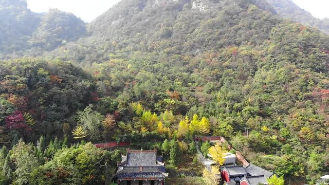 Aerial view flying a drone of Zixiao Palace at Wudang Mountain, there is Scenery and Ancient Architectural Complex in Shiyan City, Hubei Province, China.