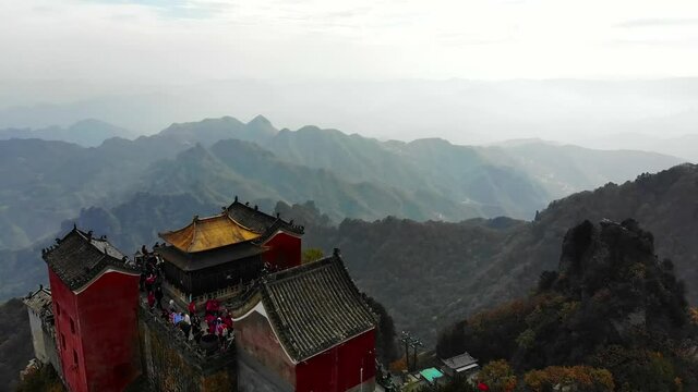 Aerial view flying a drone of Wudang Mountain. Wudang Mountain is Scenery and Ancient Architectural Complex in Shiyan City, Hubei Province, China