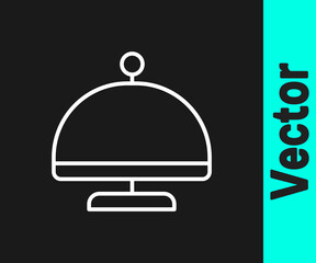 White line Covered with a tray of food icon isolated on black background. Tray and lid sign. Restaurant cloche with lid. Vector.