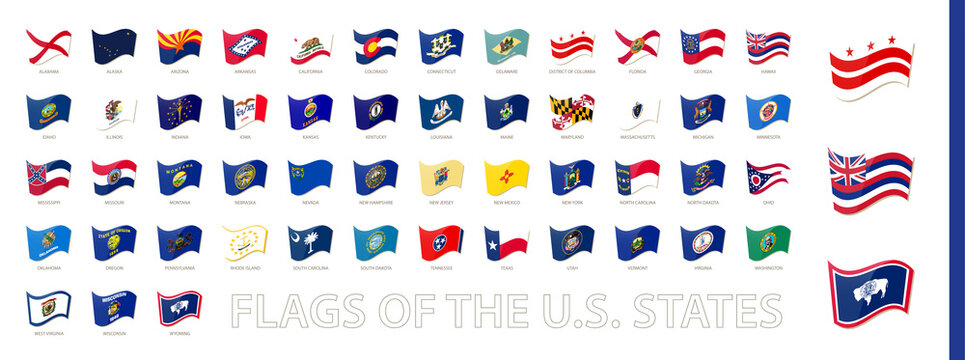 Flags of the United States of America, US states waving flag collection.