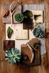 Creative layout abstract geometry empty squares by nature materials paper, textile, wood, stone with succulent plants. Flat lay. Space for any products. Advertising eco-friendly concept