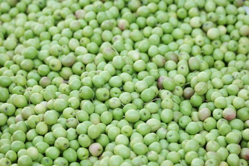 Green apples background. Fresh fruits on sale at local market.