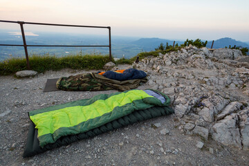 Sleeping bags outdoor on a mountain in Bavaria, Germany