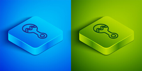 Isometric line Rattle baby toy icon isolated on blue and green background. Beanbag sign. Square button. Vector.