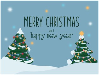 Merry Christmas and happy new year card with Christmas trees and stars, festive Christmas decorations