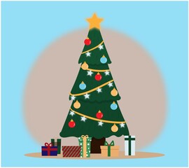 Christmas tree with presents underneath, festive Christmas decorations, stars and presents, gifts