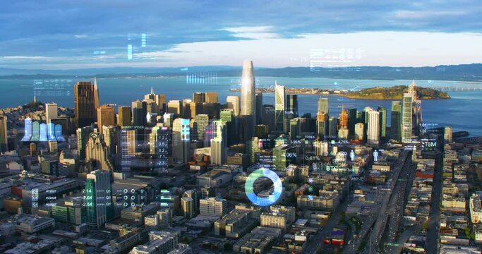  Aerial view with holographic financial charts and data over San Francisco. Futuristic city skyline with stock exchange figures. Representing concepts as Big data, Artificial intelligence, IOT