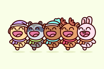 CUTE ANIMAL DOG, RACOON, BEAR, DEER, RABBIT, DANCE AND SING TOGETHER IN CHRISTMAS DAY ILLUSTRTAION
