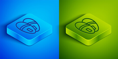 Isometric line Slippers icon isolated on blue and green background. Flip flops sign. Square button. Vector.