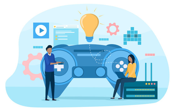 Two characters developing computer game. Abstract concept of creative game design development. Digital technology, programming and codding. Flat cartoon vector illustration