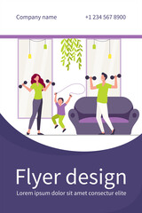Happy family training together flat vector illustration. Cartoon active people doing strength exercise in living room. Wellness and workout at home concept