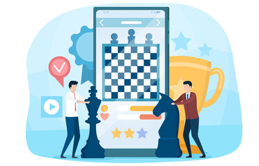 Two male characters playing online chess game. Abstract concept of playing video games on smartphone. Flat cartoon vector illustration