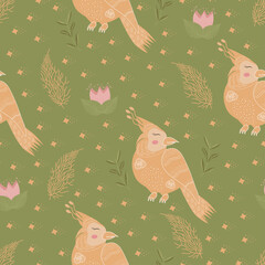 Cute vector seamless pattern. Colorful Botanical elements - yellow bird, flowers on a green background.Texture for wrapping paper, textiles
