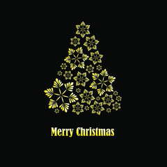 Greeting card 2021. Golden Christmas tree made of snowflakes on a black background with the wish "Merry Christmas". Vector illustration.