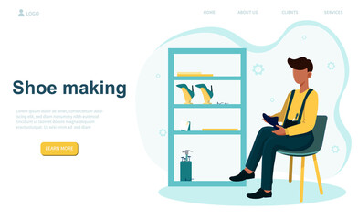 Professional shoemaker fixing shoe. Male character sitting in chair in his workshop wearing an apron mending shoe. Website, web page, landing page template