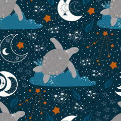 Vector illustration of a sea turtle on a cloud.Sea turtle and starry sky, moon and stars on a blue background.