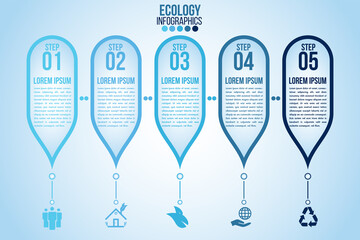 Infographic eco water blue design elements process 5 steps or options parts with drop of water. Ecology organic nature vector business template for presentation.Can be used for communication connect.