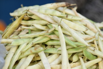 Pile of freshly harvested beans pods at farmers market. Heap of freshly picked kidney pods. Organic food concept.