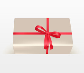 A gift or parcel in light wrapping paper with a red bow and ribbon. Festive design element for decorating holiday banners, gift cards, birthday greetings, and Christmas and New Year sales.