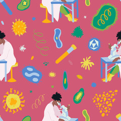 Colorful vector seamless pattern with female scientist working with a microscope, viruses and bacteria on pink background. Laboratory, microbiology, science, study, clinical research, medicine