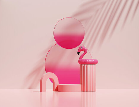 3D pink podium display summer  palm leaf shadow background. Cosmetic product promotion with inflatable flamingo. Pedestal, round pink frame and geometric art deco shapes .  Abstract 3d render template