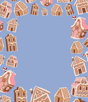 Christmas vector rectangular frame with gingerbread houses on blue background. Winter holidays, sweet, for kids, treats, new year, Christmas market. Greeting card, banner