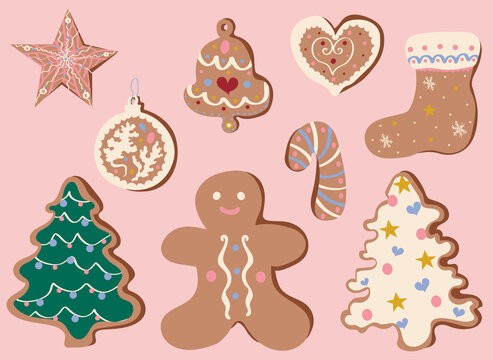 Cute Christmas gingerbread cookies vector illustration set. Winter holidays, sweet, for kids, festive, Christmas treats, cookies, new year, Christmas market, greeting card