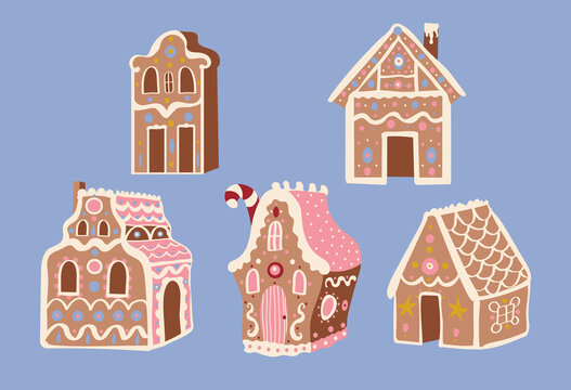 Cute Christmas gingerbread houses vector illustration set. Winter holidays, sweet, for kids, festive, Christmas treats, cookies, new year, Christmas market