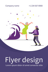 Woman running from fire to firefighter. Blaze, rescue, danger flat vector illustration. Emergency service and accident concept for banner, website design or landing web page