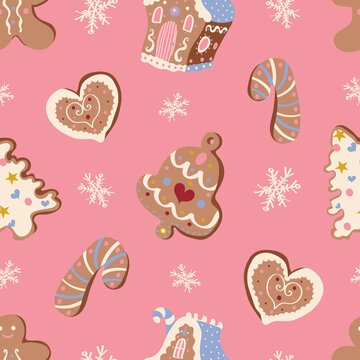 Cute Christmas vector seamless pattern with gingerbread houses, cookies and snowflakes on pastel pink background.Winter holidays, sweet, for kids, festive, treats, cookies, new year, Christmas market
