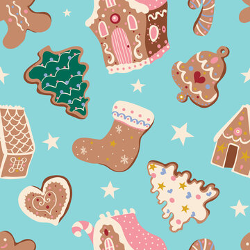 Cute Christmas vector seamless pattern with white stars and gingerbread houses and cookies on pastel blue background. Winter holidays, sweet, for kids, festive, treats, new year, Christmas market