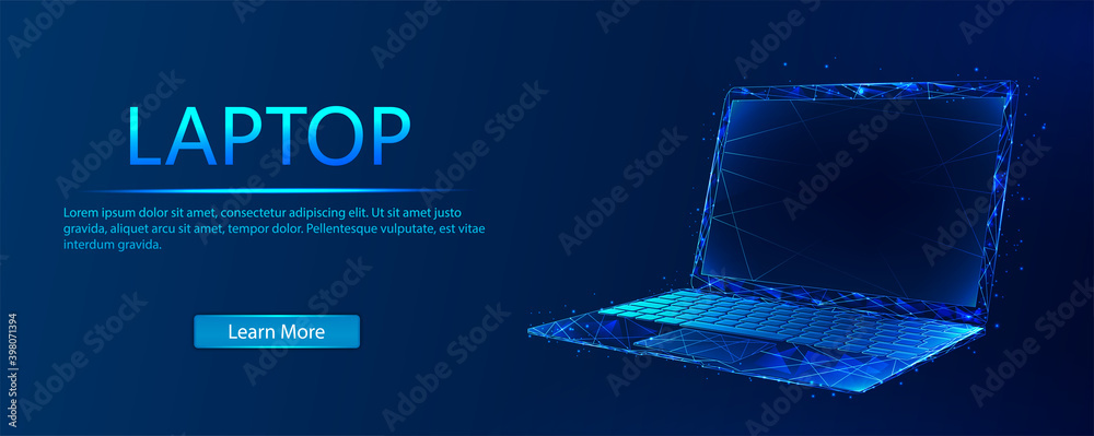 Poster a notebook consisting of polygons. laptop in a futuristic polygonal style with a skeleton, low-poly 