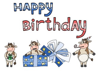 cow characters happy birthday lettering. picture