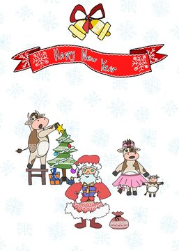 greeting card happy new year santa and cow. picture
