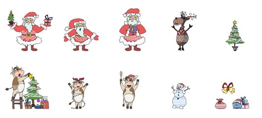 santa claus and cows with bulls funny characters
