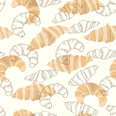 Seamless pattern with croissants, pastries on a white background. Vector texture for menu, cafe and paper decoration. French breakfast.