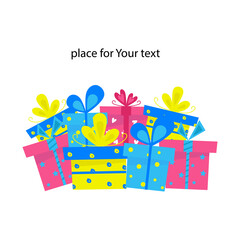 Gift box vector illustration. Bright banner with place for Your text. Pile celebration gift box. Perfect for card, postcard, invitation, congratulation.