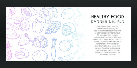 Healthy Food Banner Doodles. Nutrition Background Hand drawn. Diet illustration. Sea Vector Horizontal Design.