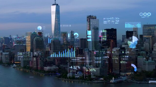 Futuristic Manhattan skyline with stock exchange figures. Augmented reality elements over an aerial view of New York with financial charts and data. Big data, Artificial intelligence, IOT