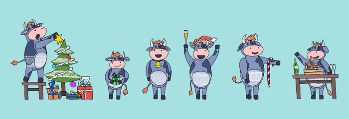 a selection of new year's cows purple with cake