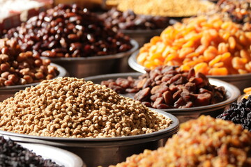 Market counter with dried fruis and nuts. Fresh produce on display at farmers market.