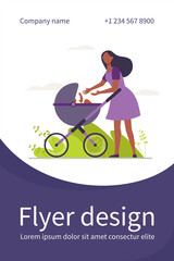 New mom walking with baby outside. Woman reaching arms to stroller with kid flat vector illustration. Motherhood, parenting, childcare concept for banner, website design or landing web page