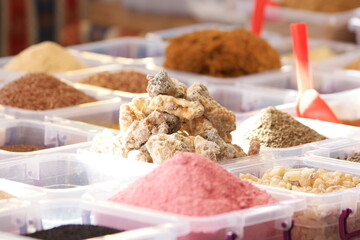 Spices at oriental market. Traditional turkish market with assorted seasonings.