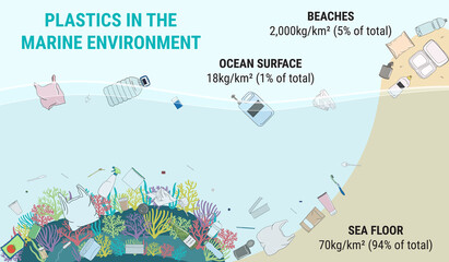 Infographic of plastics in the marine environment. Ocean plastic pollution