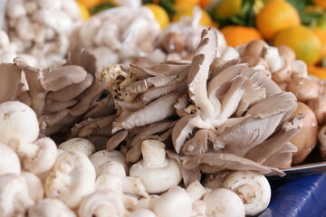 Mushrooms on market stall for sale. Organic vegetables at farmers market.