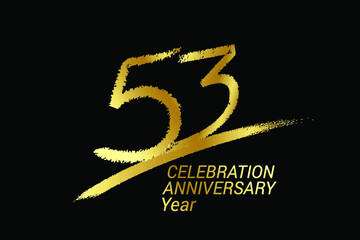 53 year anniversary chalk, golden ink Style , minimalist logo. years, jubilee, greeting card. Birthday invitation sign. Black space vector illustration on black background - Vector