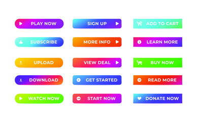 Web buttons set. Abstract gradient website action buttons vivid colors isolated white background. Vector illustration