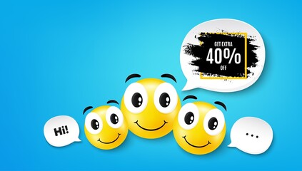 Get 40 percent off paint brush banner. Smile face with speech bubble. Discount square frame. Sale tag icon. Smile face character. Sale frame speech bubble icon. Chat background. Vector