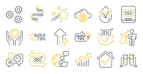 Fototapeta premium Set of Science icons, such as Timeline, Education idea, Ssd symbols. Chemistry beaker, Employee hand, Demand curve signs. 360 degrees, Organic product, 360 degree. Education, Gears. Vector